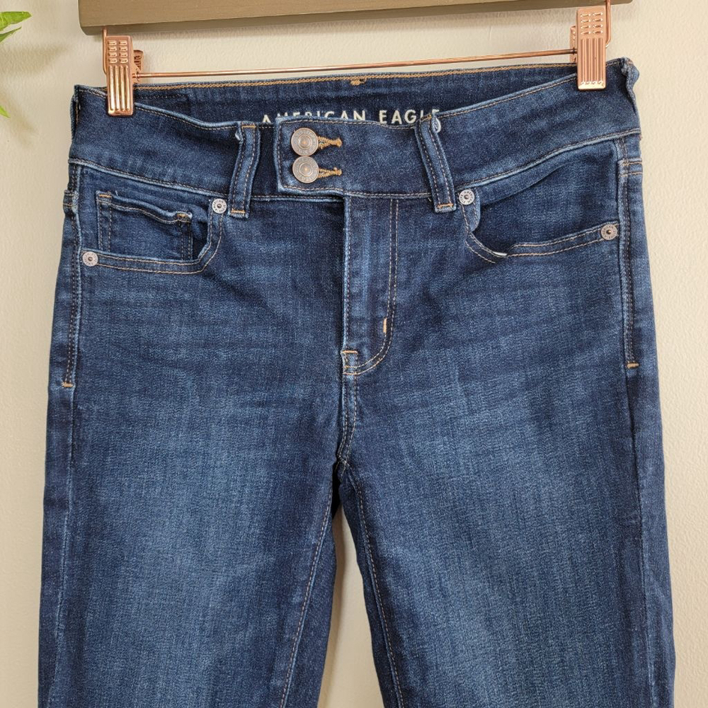 American Eagle Kick Boot Jeans Dark Blue Wash Low Rise Stretch Bootcut AE 2 - Picture 5 of 11